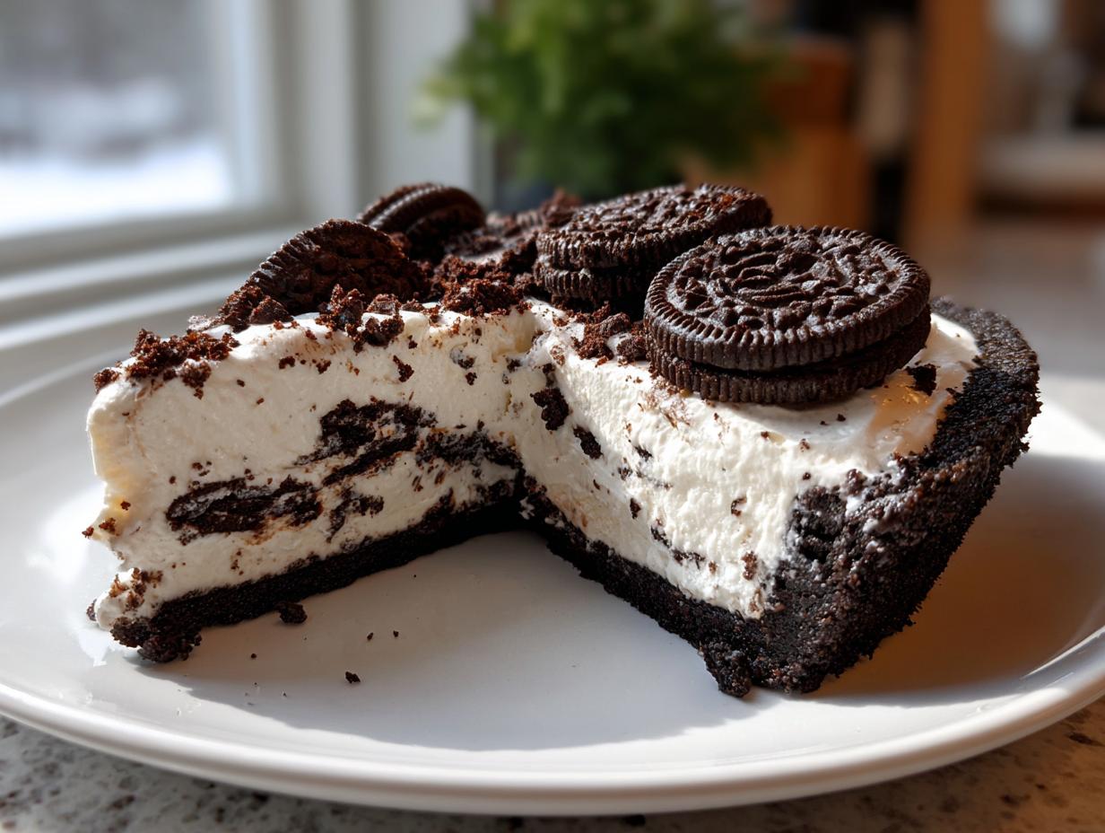 A decadent slice of no bake oreo pie showing a thick white filling mixed with chocolate cookie pieces and topped with whole Oreos.