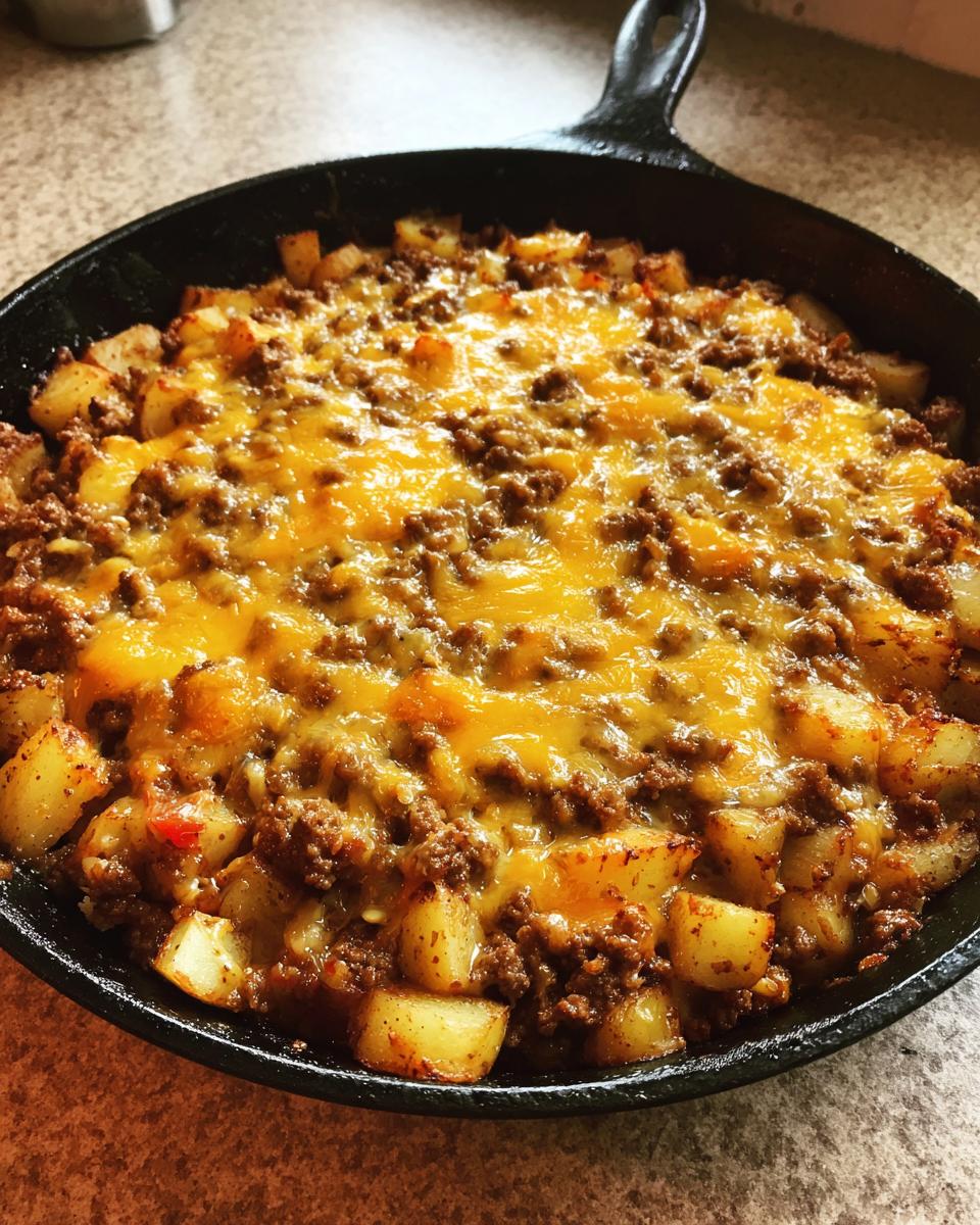 Close-up of Cheesy Taco Potatoes with seasoned ground meat and melted cheddar cheese in a black cast iron skillet.