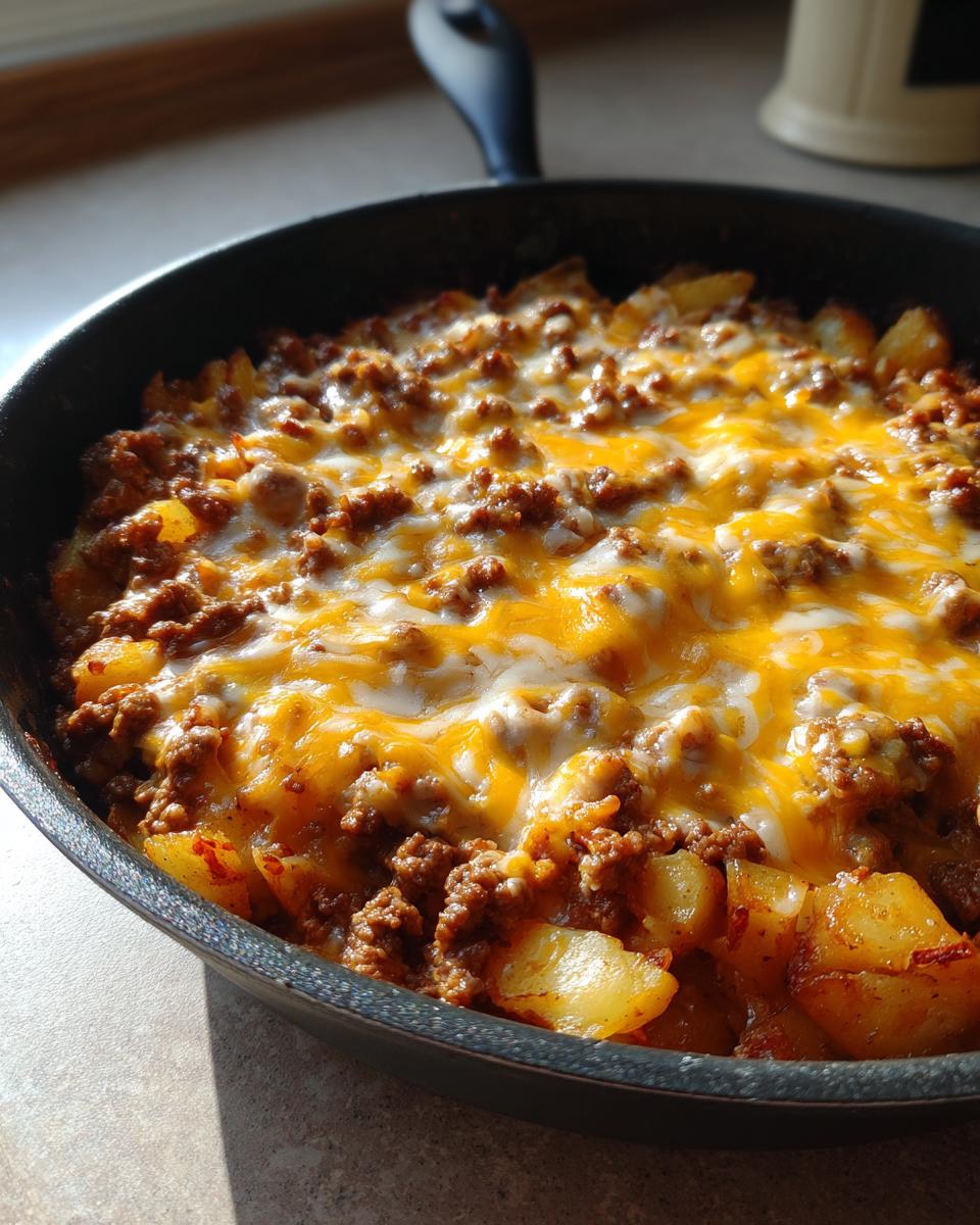 Close-up of Cheesy Taco Potatoes with ground beef and melted cheddar cheese in a black skillet.
