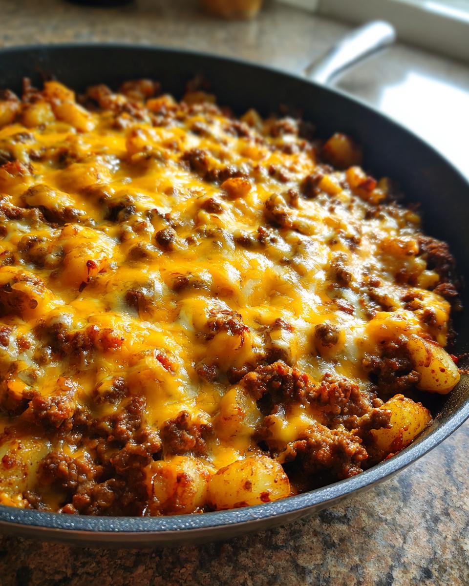 Close-up of Cheesy Taco Potatoes with seasoned ground beef and melted cheddar cheese in a black skillet.