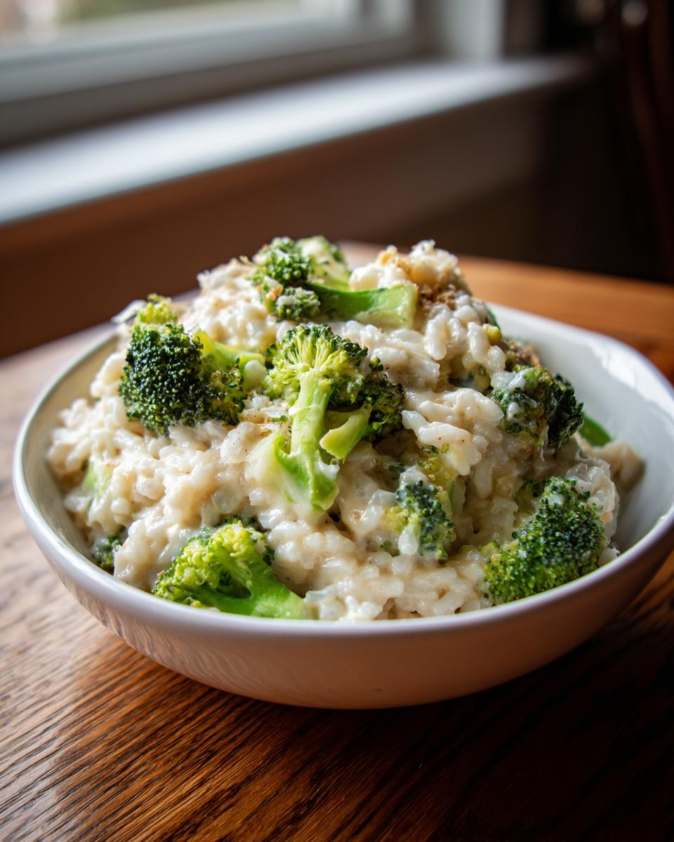 A close-up of creamy broccoli rice casserole served in a white bowl on a wooden table.