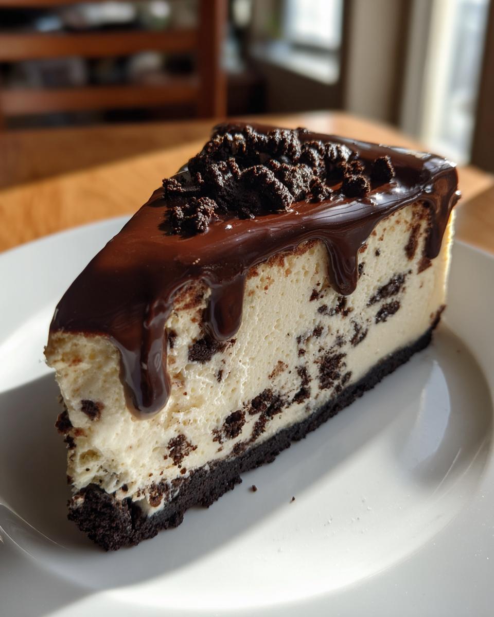 A decadent slice of Oreo cheesecake with chunks of cookies mixed in, topped with chocolate ganache and cookie crumbles.