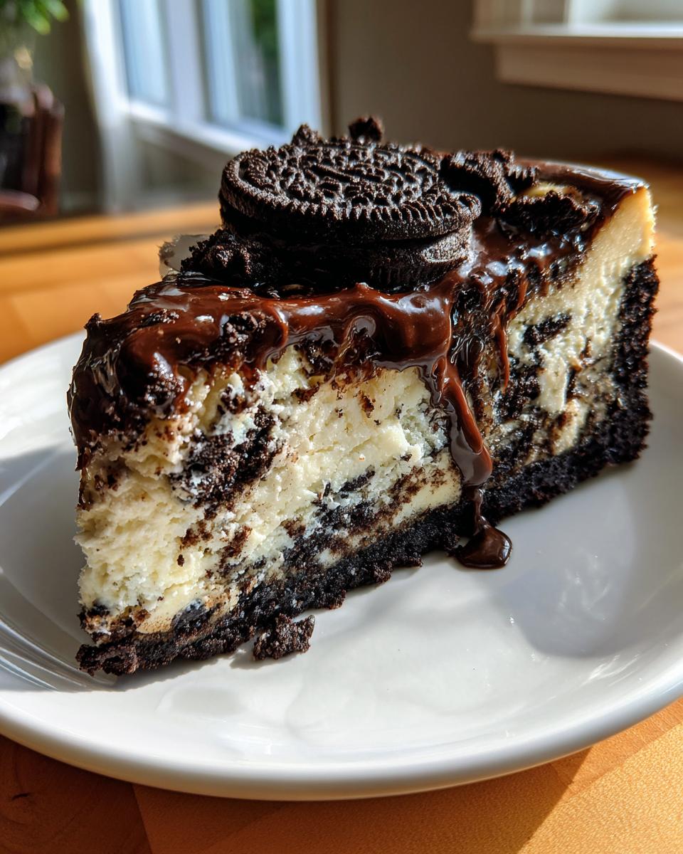 A decadent slice of Oreo cheesecake with a dark chocolate crust, creamy filling, chocolate drizzle, and a whole Oreo cookie on top.