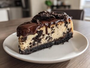 A decadent slice of Oreo cheesecake with chunks of cookie mixed in, topped with rich chocolate ganache and crumbs.