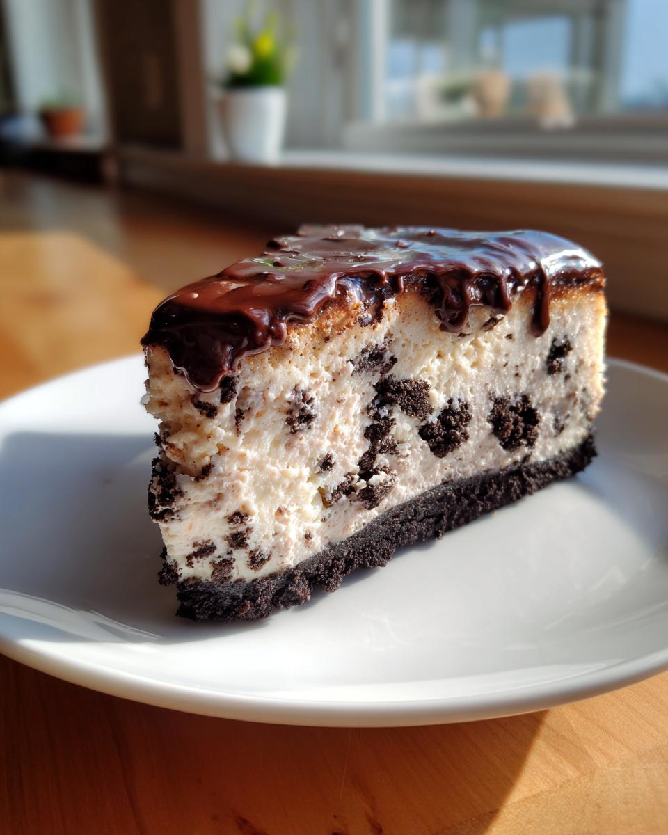 A decadent slice of Oreo cheesecake with chunks of cookies in the filling and a rich chocolate ganache topping.