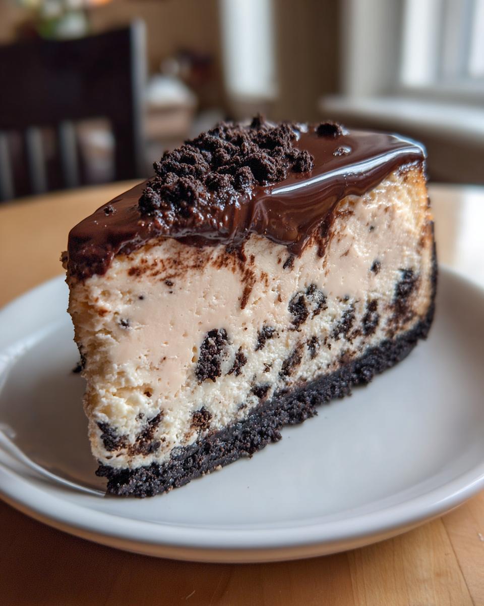 A rich slice of Oreo cheesecake featuring a dark cookie crust, creamy filling with cookie pieces, topped with chocolate ganache and crumbs.