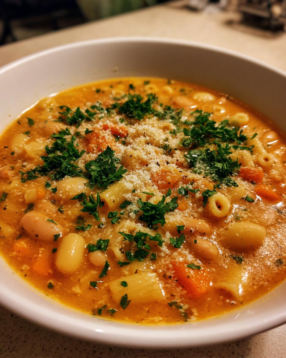A close-up of a steaming bowl of pasta fagioli soup, topped with grated Parmesan cheese and fresh parsley.