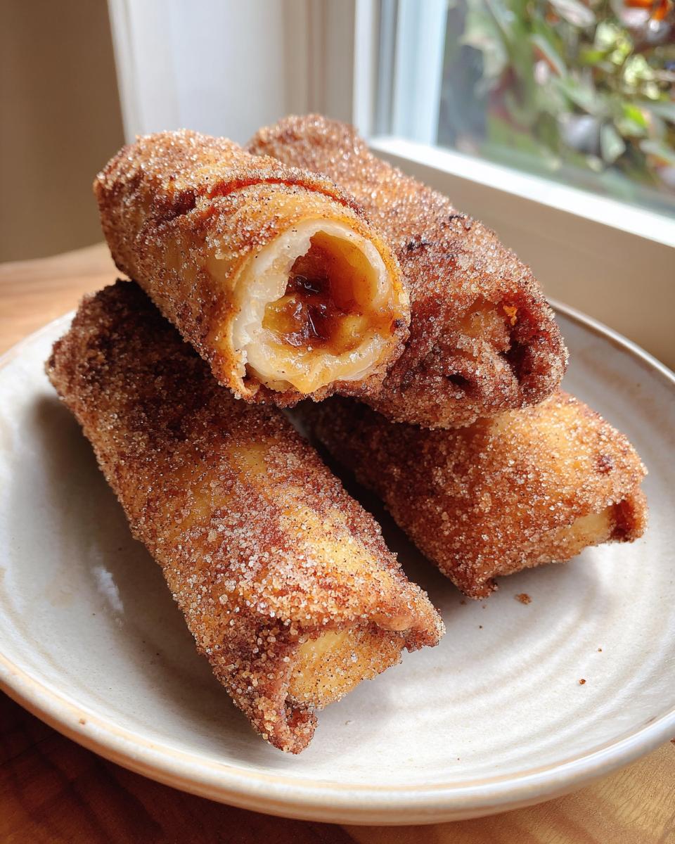Close-up of crispy, golden peach cobbler egg rolls dusted heavily with cinnamon sugar, one is cut open showing the filling.