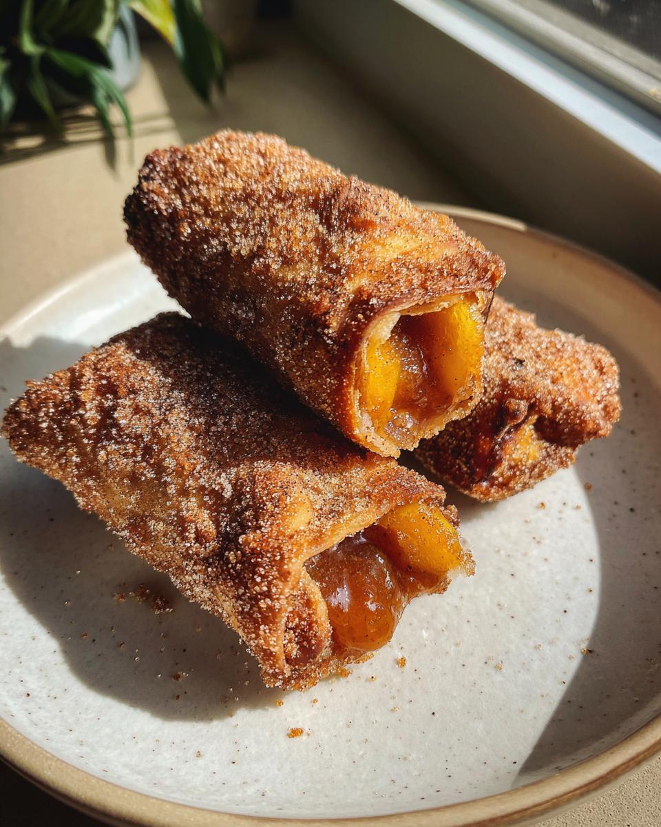 Three crispy, cinnamon-sugar coated peach cobbler egg rolls stacked on a speckled plate, showing the gooey peach filling.