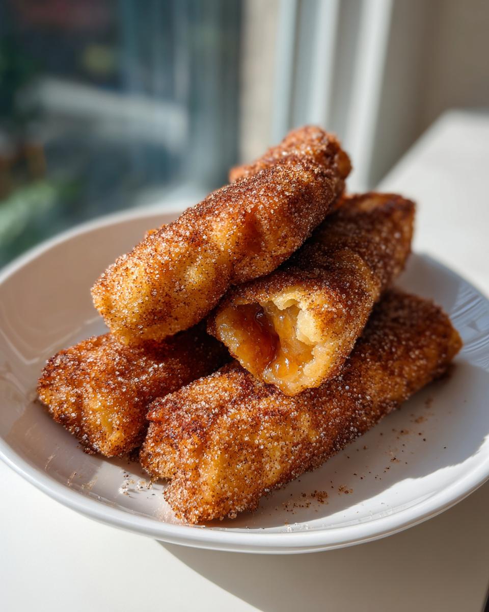 A stack of crispy, golden peach cobbler egg rolls generously coated in cinnamon sugar, one is broken open showing the warm peach filling.