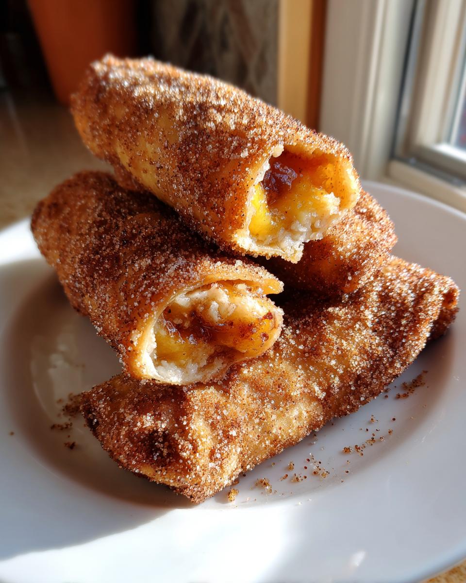Close-up of crispy, cinnamon-sugar coated peach cobbler egg rolls stacked on a white plate, one cut open.
