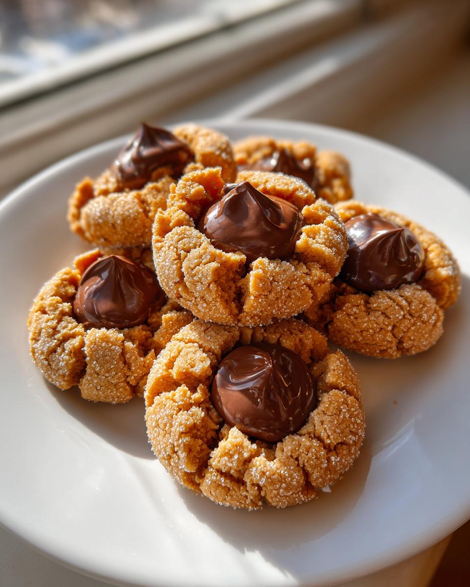 A close-up of five sugar-coated peanut butter blossom cookies topped with melted chocolate kisses on a white plate.