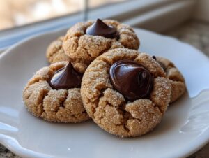 A stack of freshly baked, sugar-coated peanut butter blossom cookies topped with melted chocolate kisses.