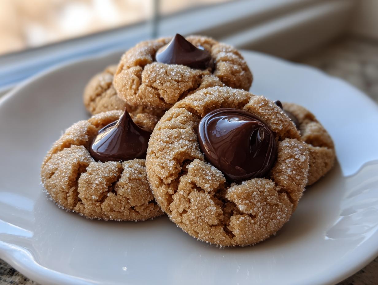 A stack of freshly baked, sugar-coated peanut butter blossom cookies topped with melted chocolate kisses.