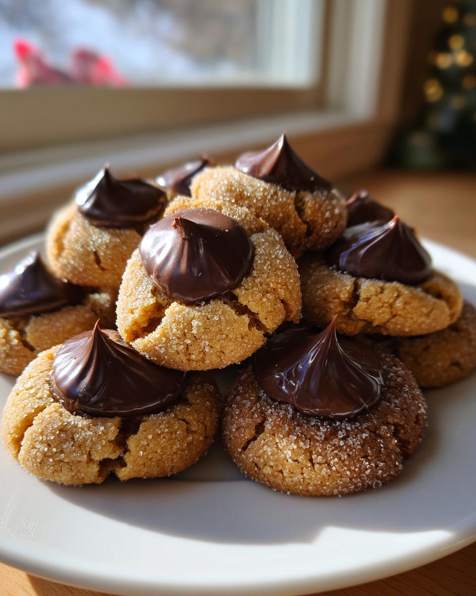 A close-up of several sugary peanut butter blossom cookies stacked on a white plate, topped with chocolate kisses.
