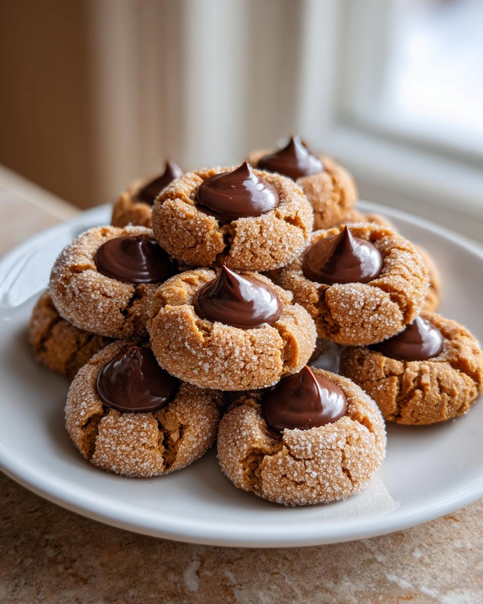 A stack of freshly baked peanut butter blossom cookies, coated in sugar and topped with melted chocolate kisses, on a white plate.