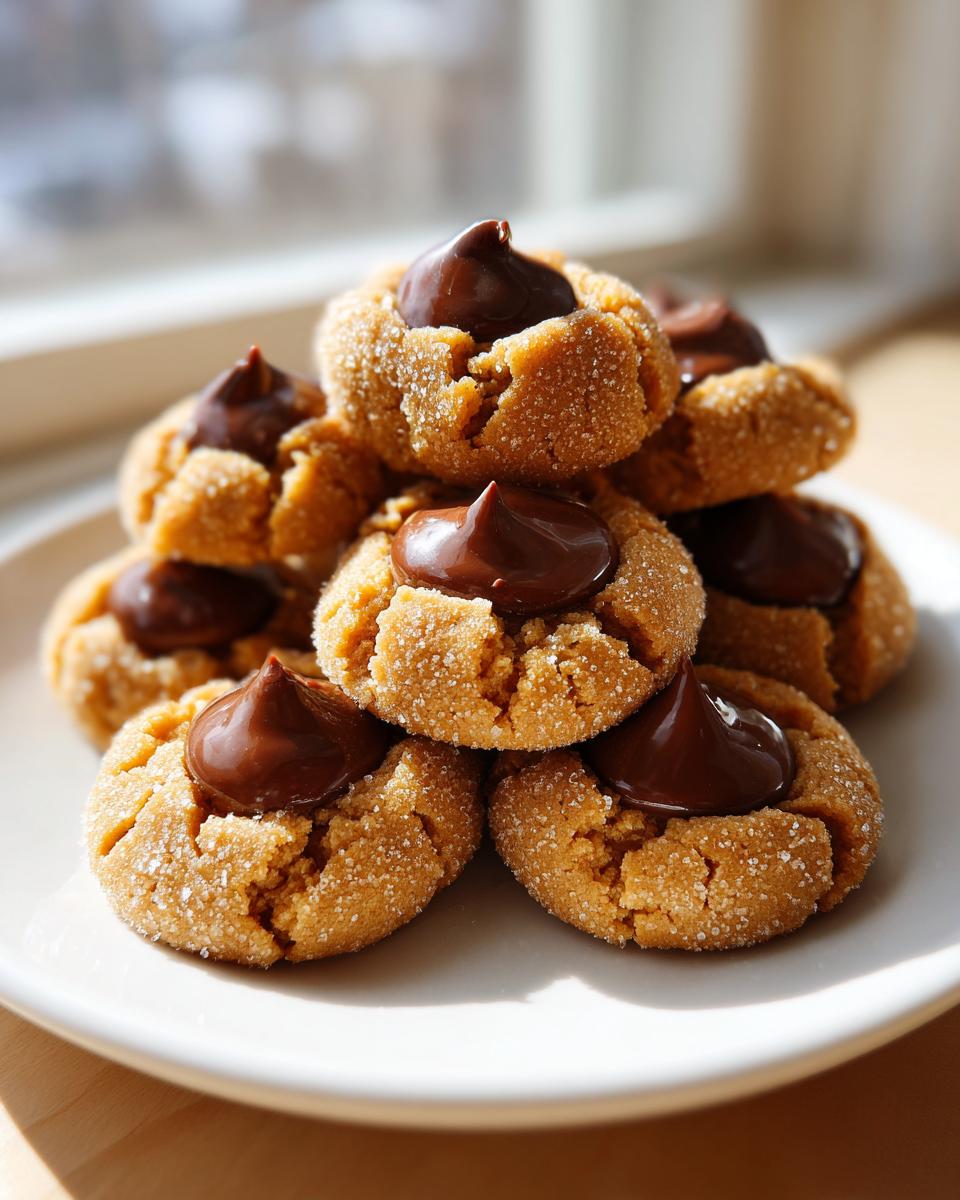 A stack of freshly baked peanut butter blossom cookies, coated in sugar and topped with a chocolate kiss.