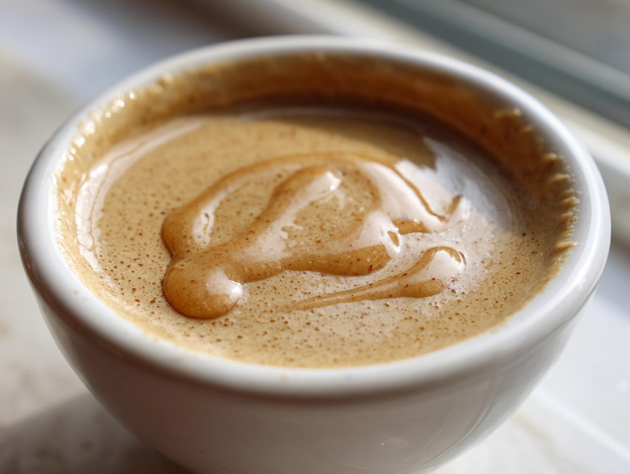Close-up of a thick drizzle of brown peanut sauce swirled on top of a light brown, frothy beverage in a white cup.