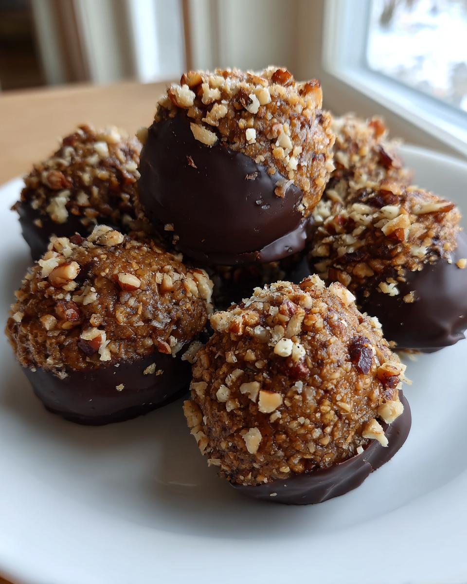 A stack of delicious pecan pie balls, partially dipped in dark chocolate and rolled in chopped pecans.