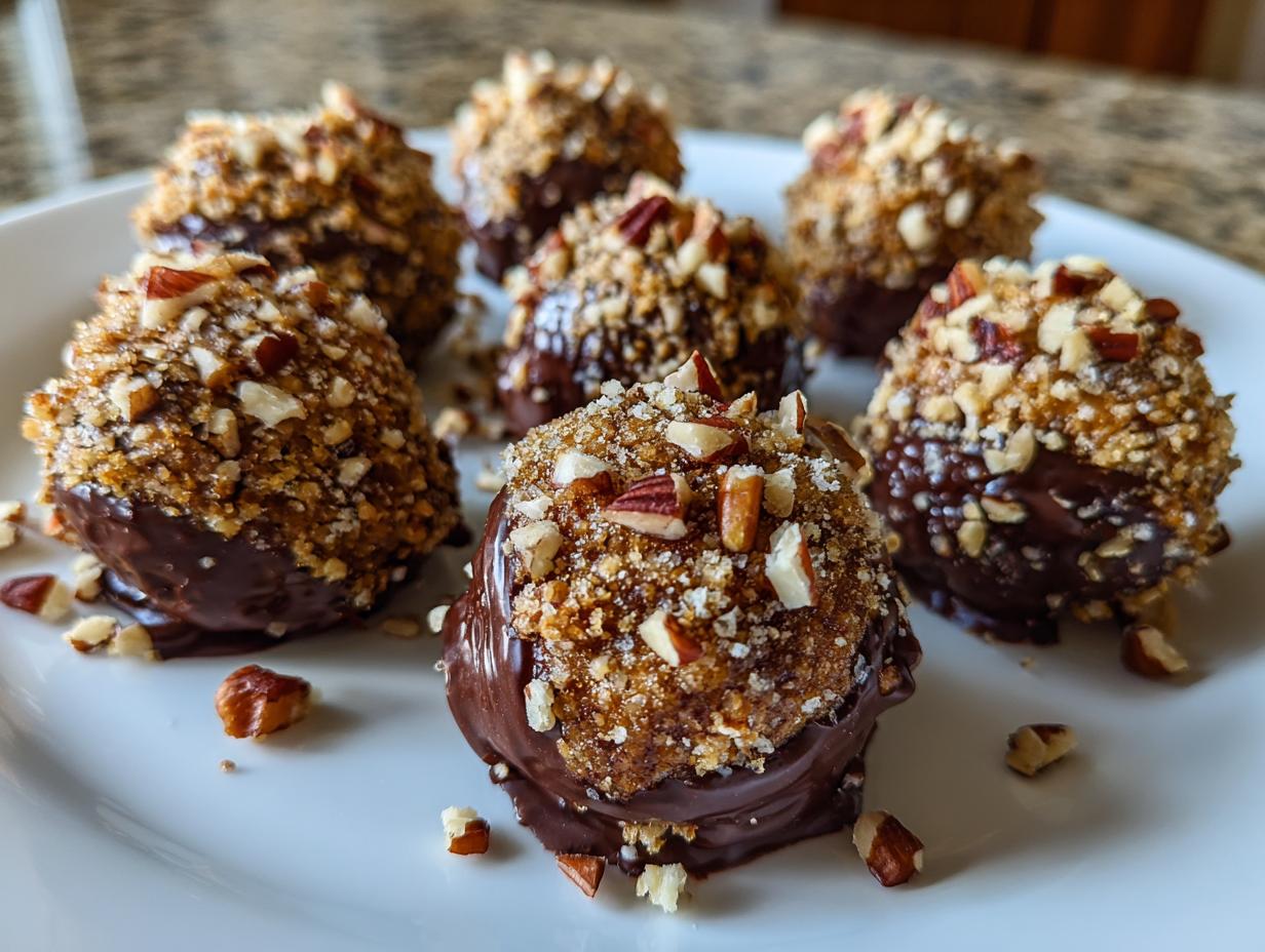 A plate of delicious pecan pie balls dipped in chocolate and coated with chopped pecans.