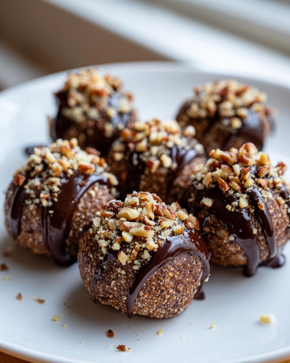 Close-up of several delicious pecan pie balls drizzled with dark chocolate and topped with chopped pecans.