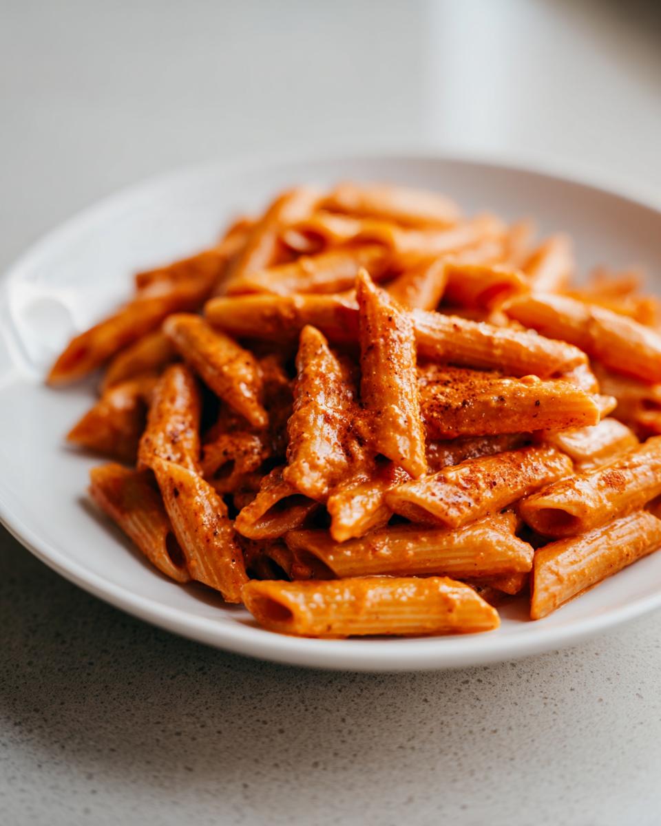 A close-up shot of penne pasta coated generously in creamy pink sauce pasta, served on a white plate.