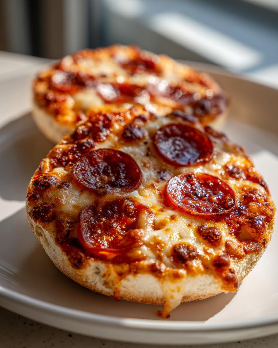 A close-up of a freshly baked pepperoni english muffin pizza with melted, bubbly cheese on a white plate.