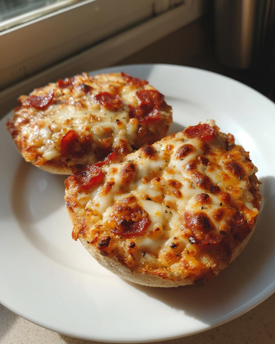 Two golden brown pepperoni english muffin pizza halves topped with melted, bubbly cheese sitting on a white plate.