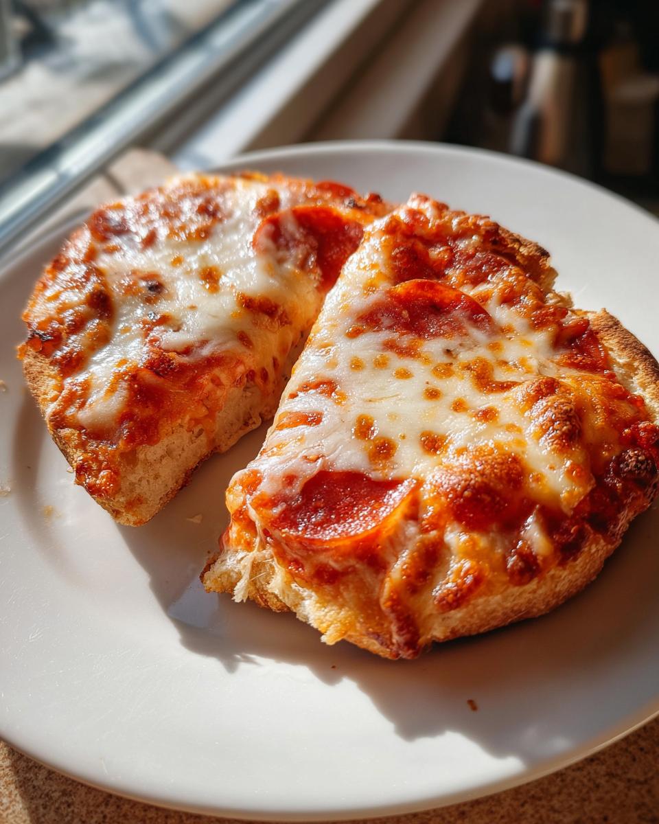 Close-up of two halves of a freshly baked pepperoni english muffin pizza with melted, bubbly cheese.