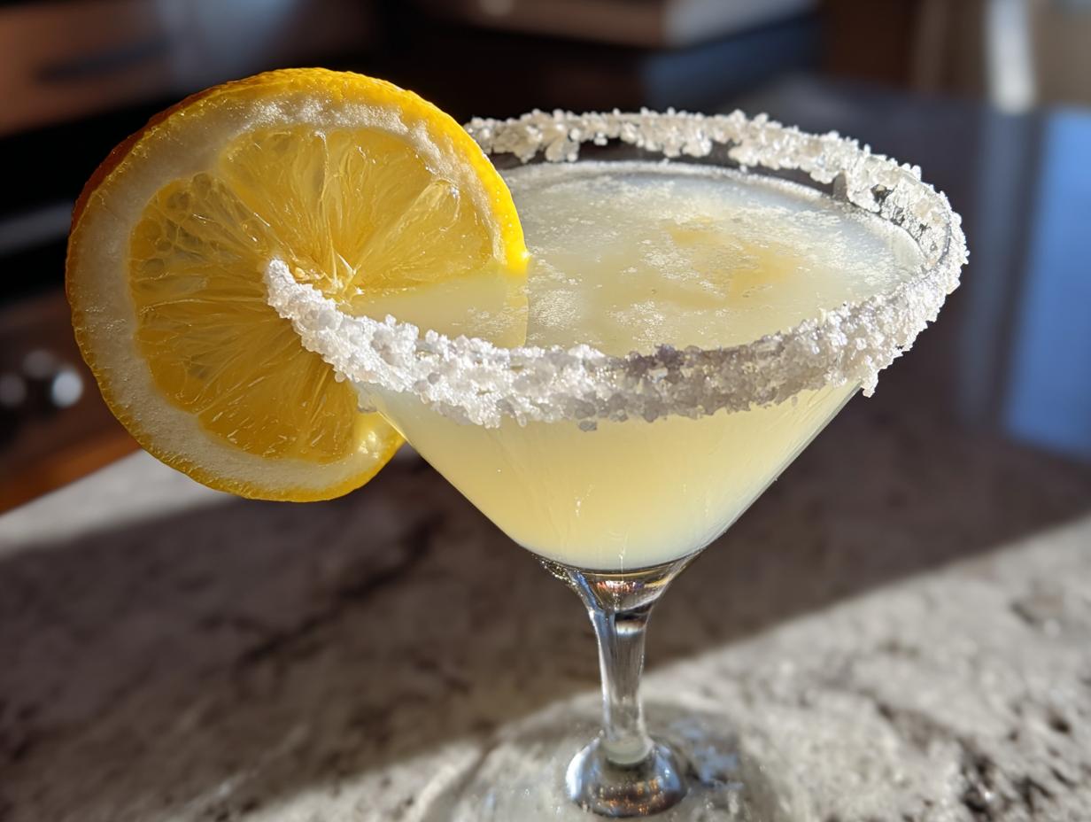 A bright yellow lemon drop cocktail in a martini glass with a heavily sugared rim and a fresh lemon slice garnish.
