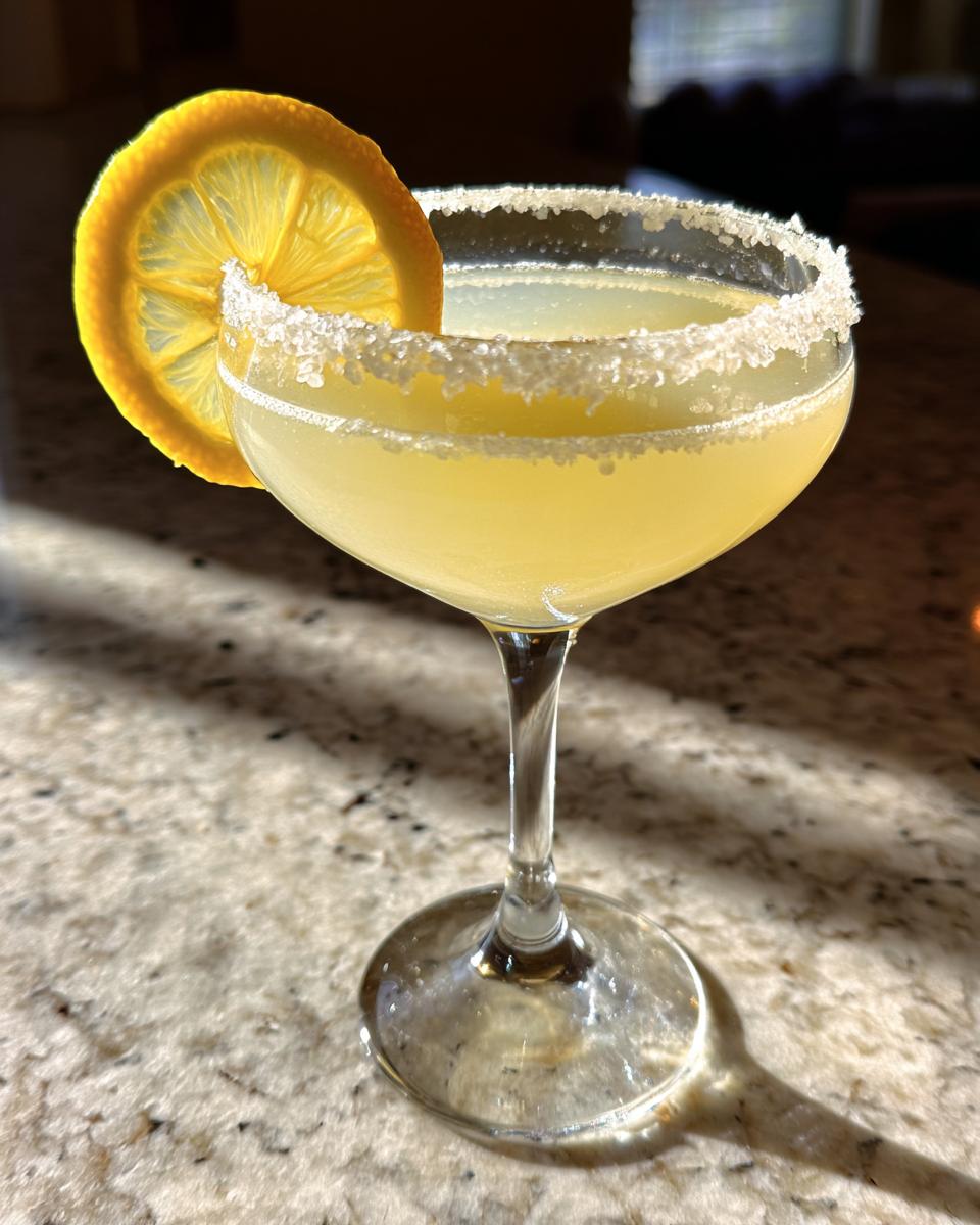 A bright yellow lemon drop cocktail served in a coupe glass with a sugar rim and a fresh lemon slice garnish.