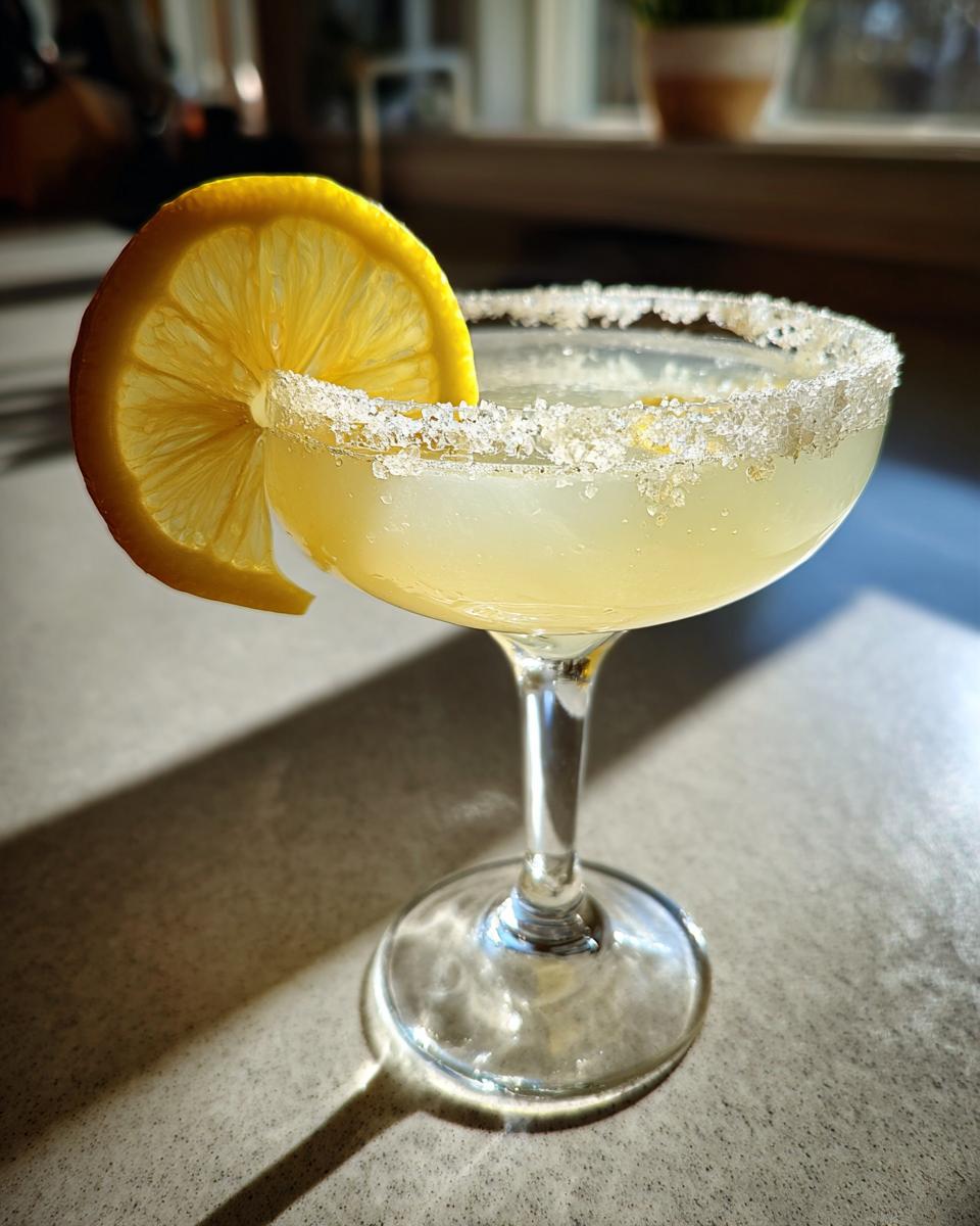 A bright yellow lemon drop cocktail in a coupe glass with a sugar rim and lemon wheel garnish.