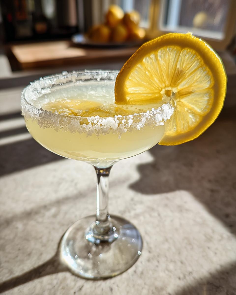 A bright yellow lemon drop cocktail served in a coupe glass with a sugared rim and a fresh lemon wheel garnish.