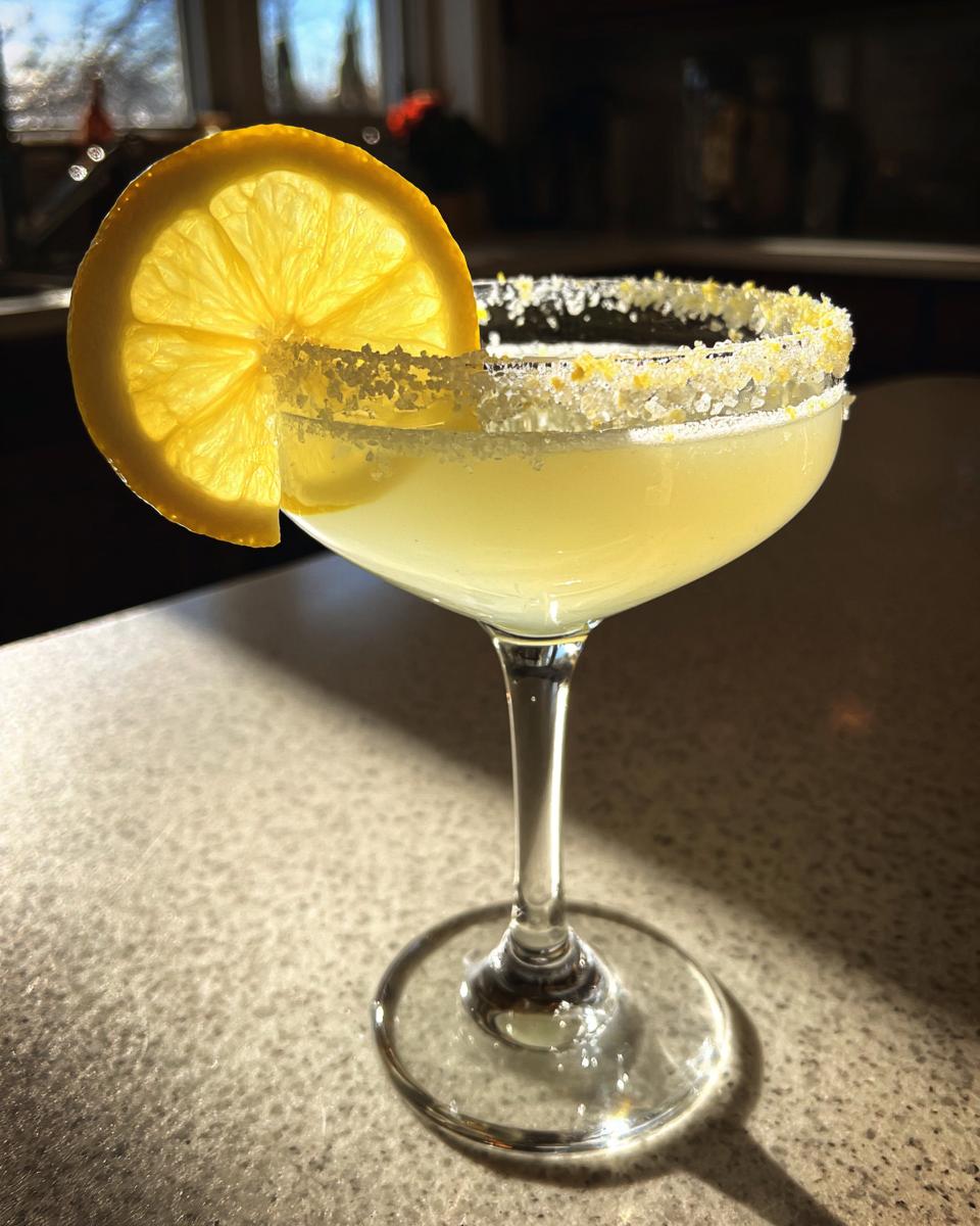 A bright yellow lemon drop cocktail in a coupe glass with a sugar-rim and a fresh lemon slice garnish.