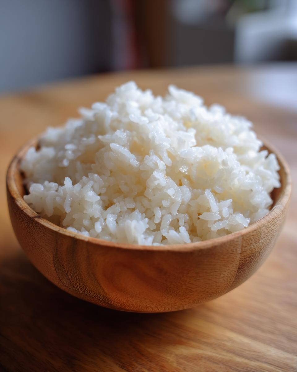 Close-up of fluffy, perfectly cooked sushi rice mounded in a small wooden bowl.