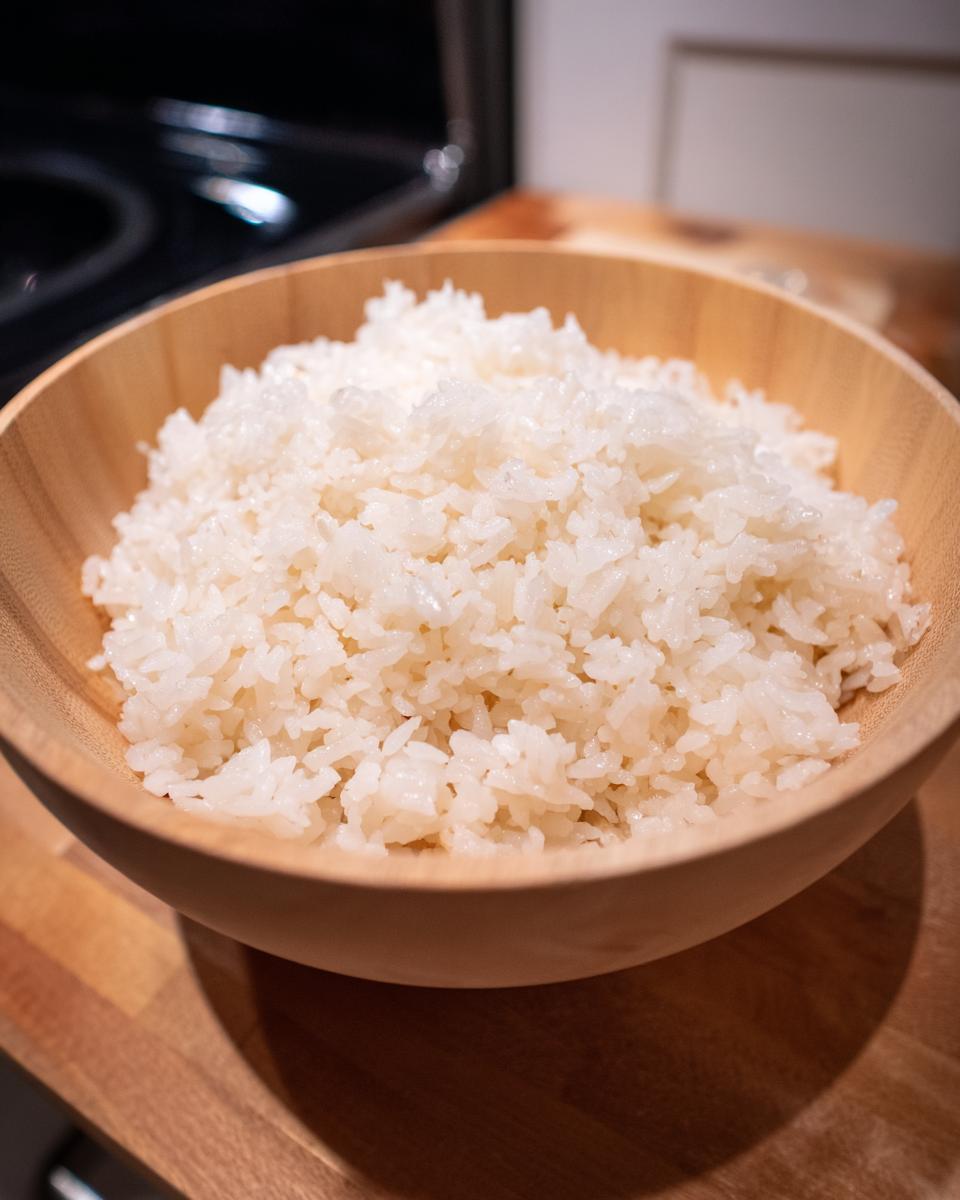 Close-up of fluffy, perfectly cooked sushi rice piled high in a light wooden bowl.