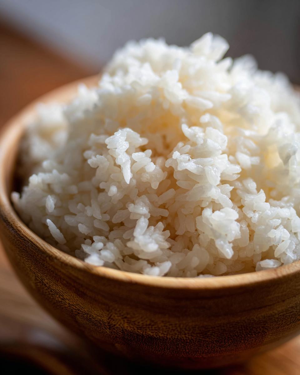 Close-up of fluffy, perfectly cooked sushi rice piled high in a small, warm-toned wooden bowl.