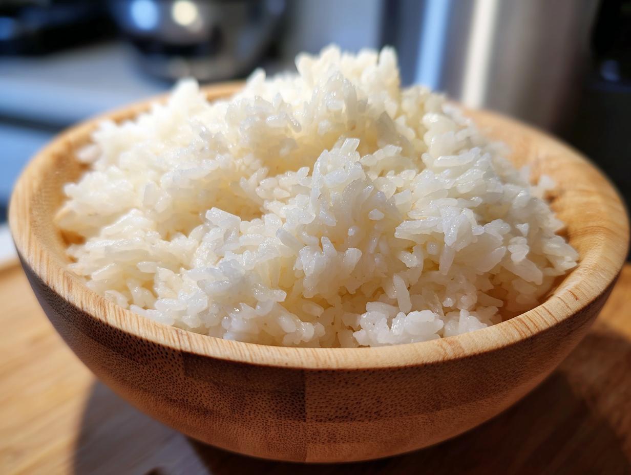 Close-up of fluffy, perfectly cooked sushi rice served in a light wooden bowl.