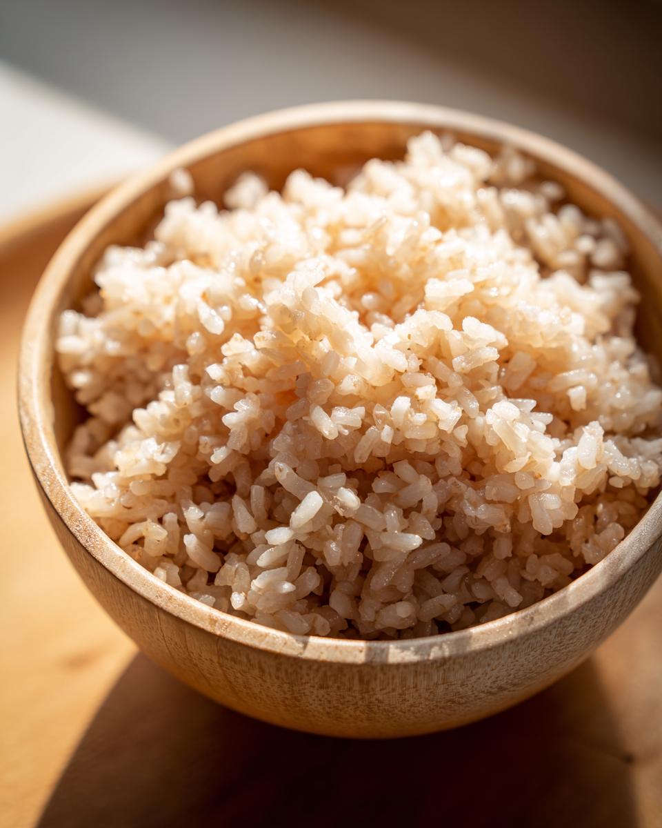 Close-up of perfectly cooked, slightly sticky sushi rice filling a small wooden bowl, ready for rolling.