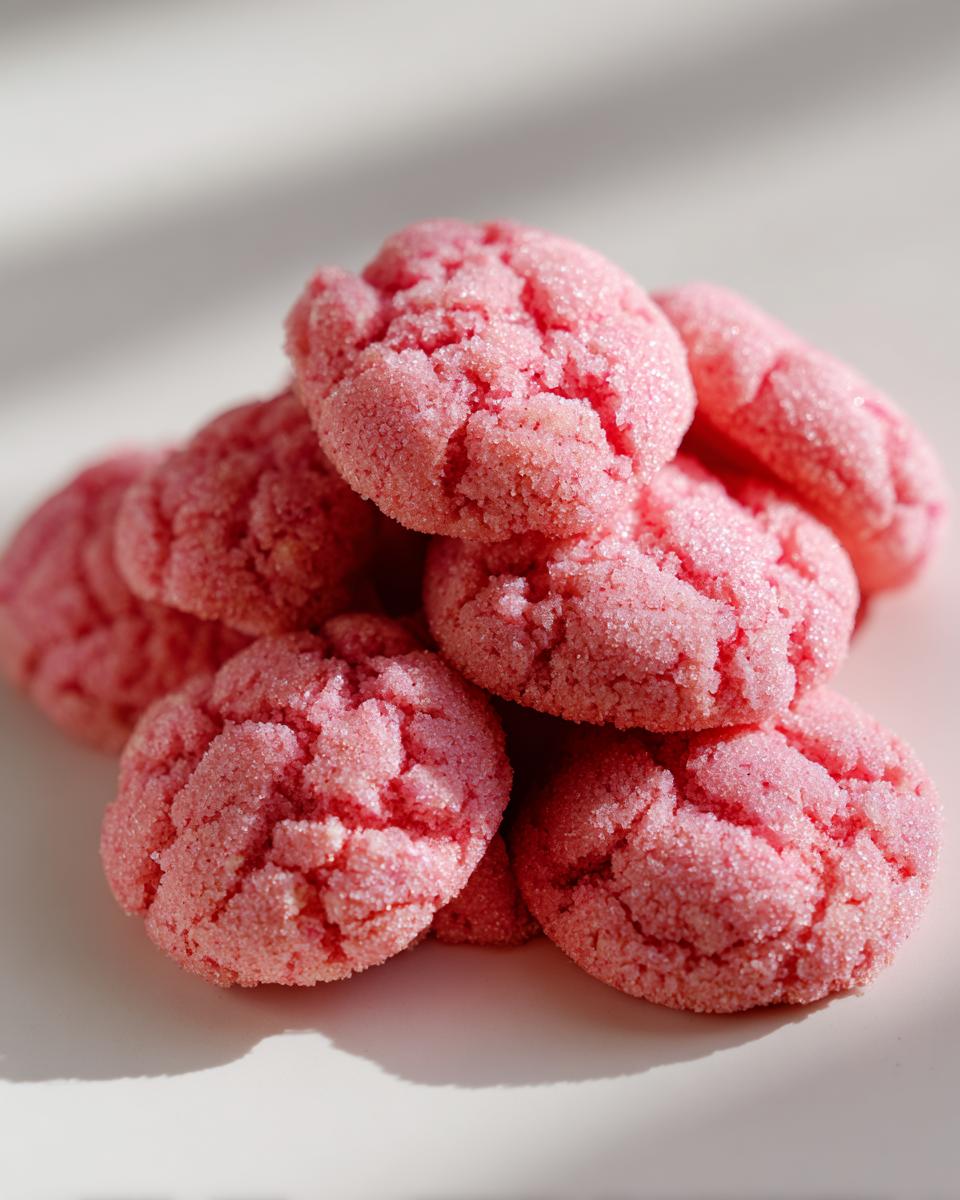 A close-up stack of bright pink, crinkle-topped strawberry cake mix cookies coated in granulated sugar.