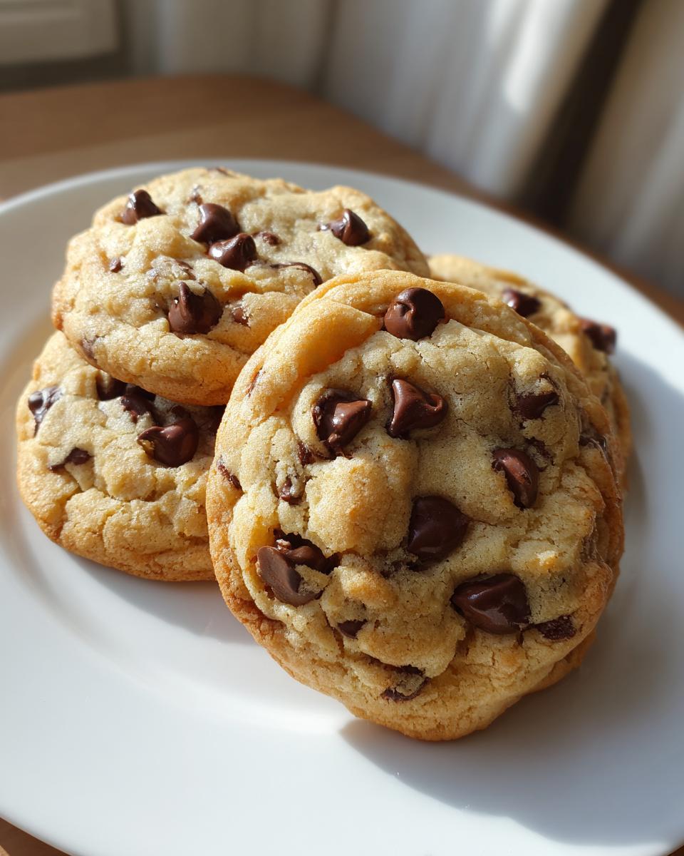 A stack of four thick, chewy chocolate chip pudding cookies resting on a white plate.