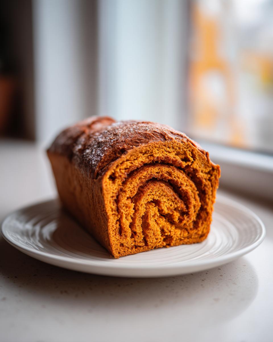 A loaf of rich orange pumpkin sourdough bread, sliced to show the beautiful internal swirl texture, resting on a white plate.