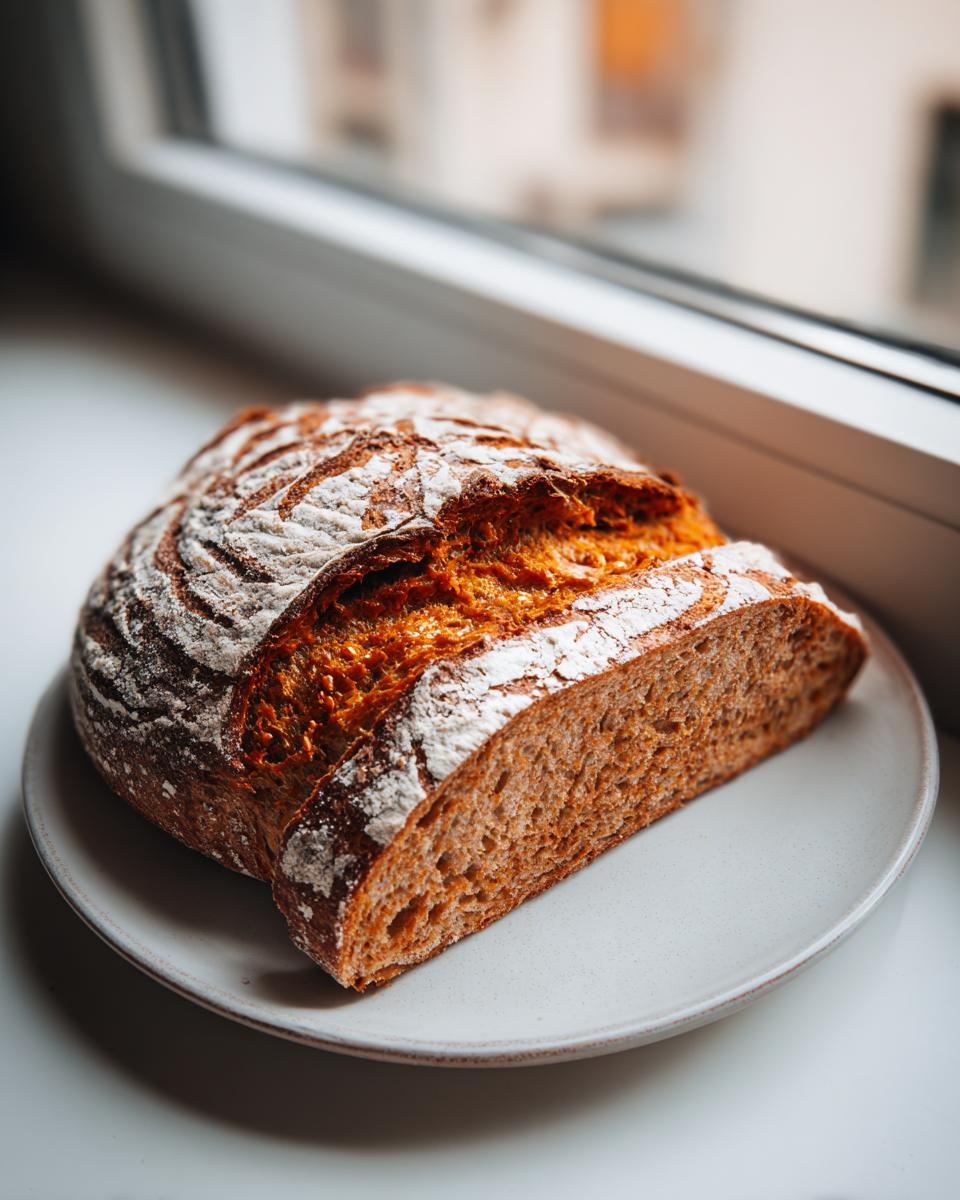 A freshly baked, round loaf of pumpkin sourdough bread, partially sliced, showing the orange crumb and dusted crust.