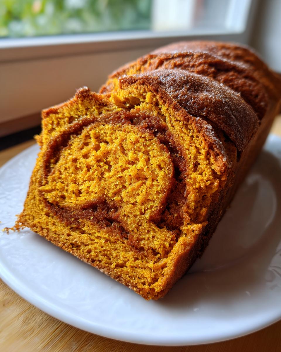 A close-up view showing the moist, orange crumb and cinnamon swirl texture of a sliced pumpkin sourdough loaf.