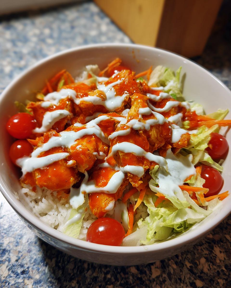 Close-up of a delicious buffalo chicken bowl featuring rice, shredded lettuce, carrots, tomatoes, and a generous drizzle of ranch dressing.