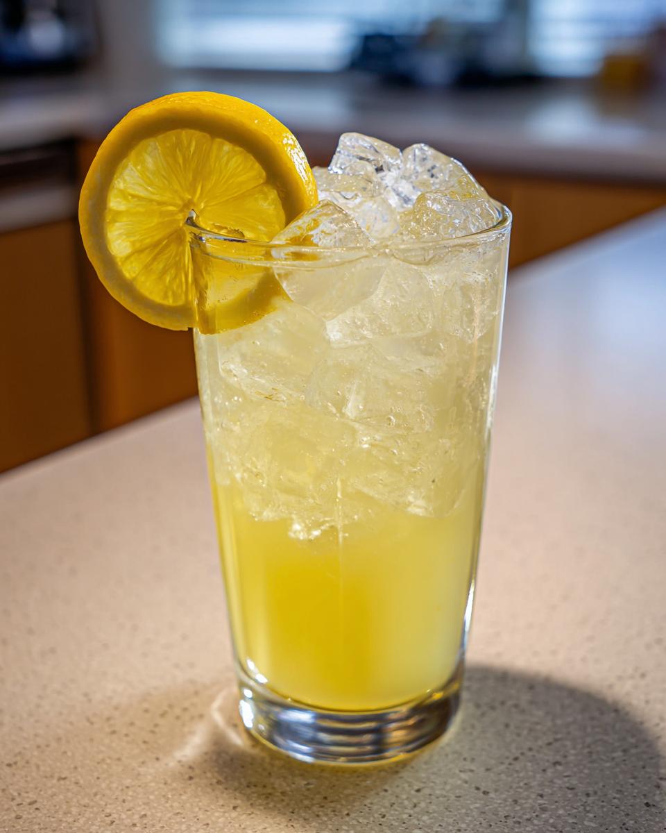 A tall glass filled with homemade lemonade, crushed ice, and garnished with a fresh lemon slice.