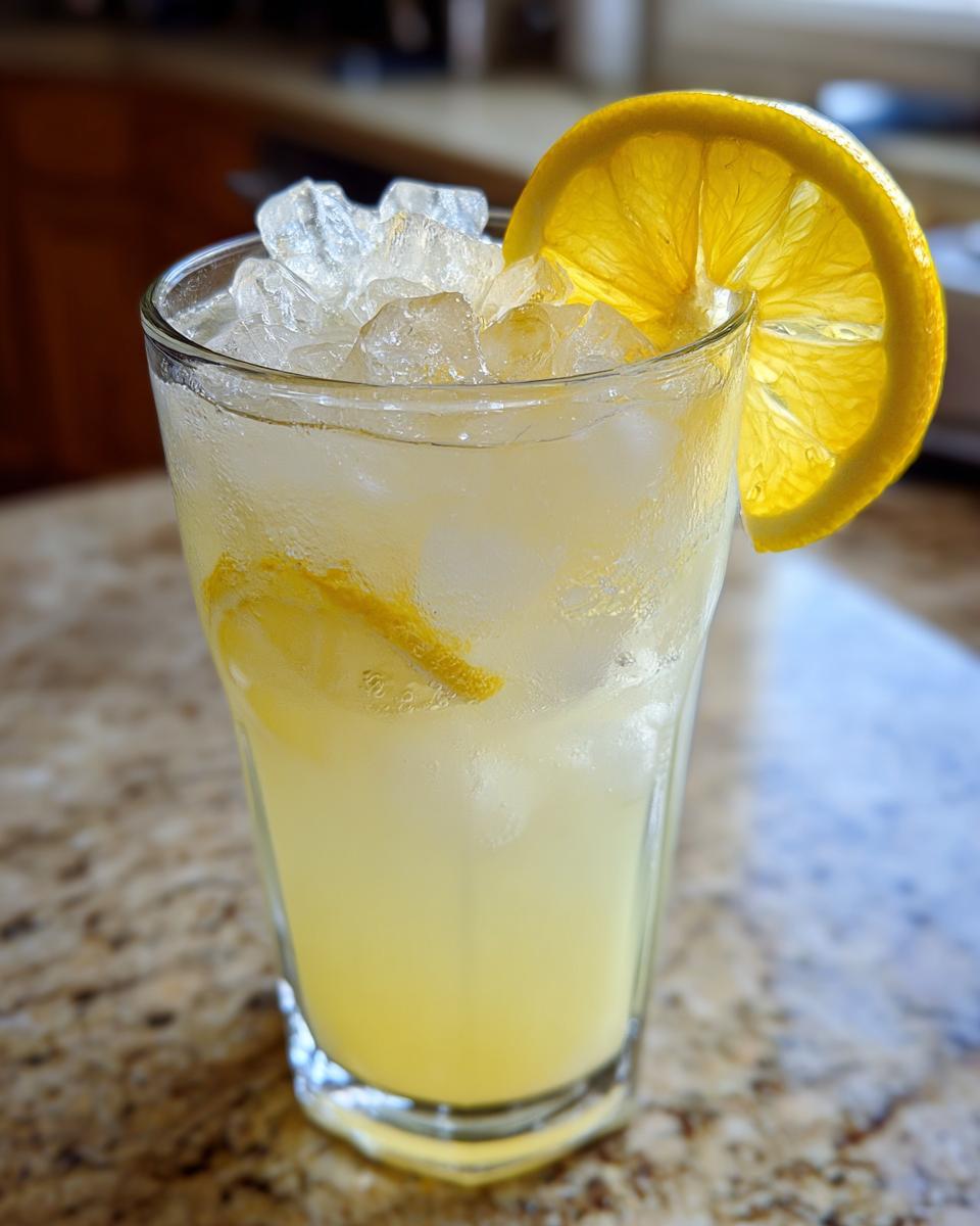 A tall glass filled with ice and homemade lemonade, garnished with a bright lemon slice.