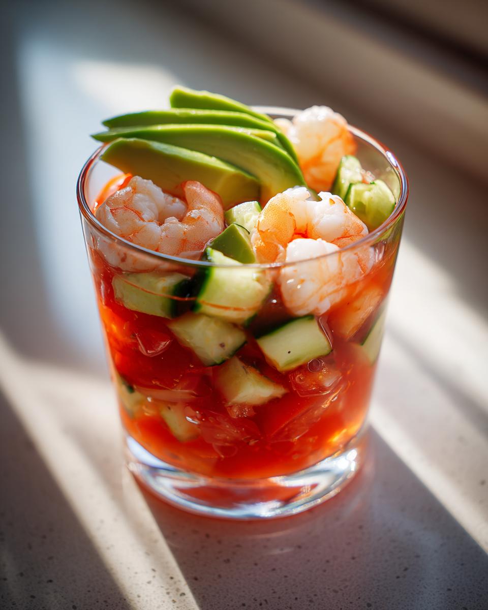 A glass filled with vibrant red shrimp cocktail, featuring cooked shrimp, diced cucumber, and sliced avocado on top.