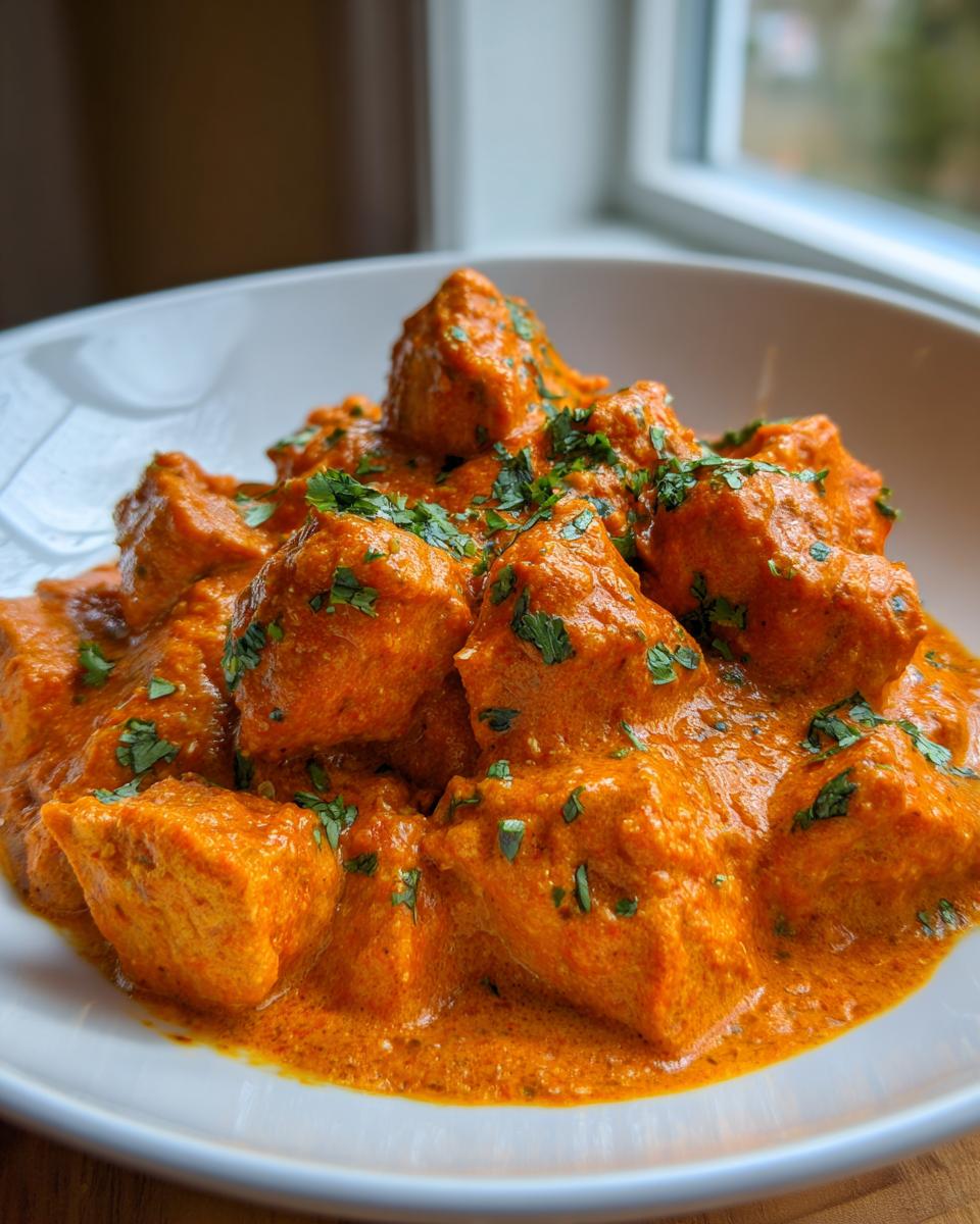 Close-up of tender chicken pieces smothered in vibrant orange sauce, garnished with fresh cilantro, showcasing delicious butter chicken.