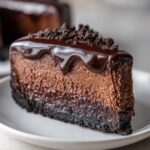 A decadent slice of chocolate cheesecake with a dark cookie crust, topped with glossy chocolate ganache and crumbs.
